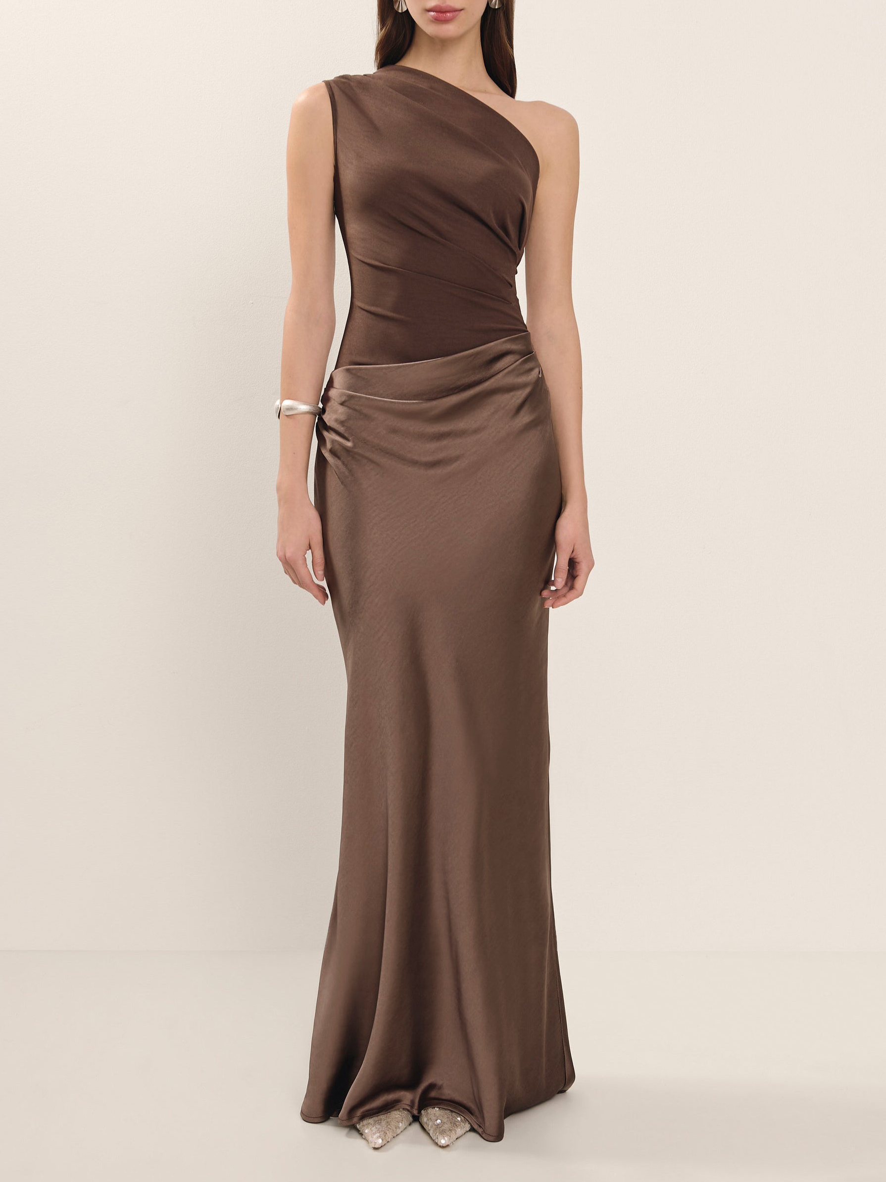 Brown One Shoulder Paneled Satin Dress - Image 2